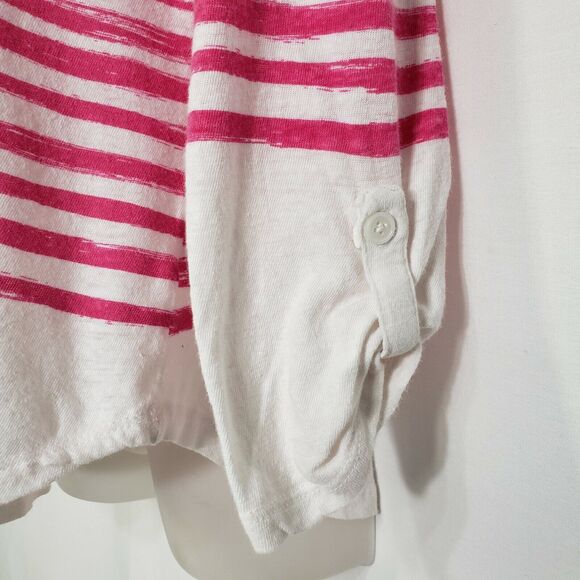 Talbots Womens Top Size Medium Pink White Striped Linen Blend 3/4 Tab Sleeves - Picture 6 of 8